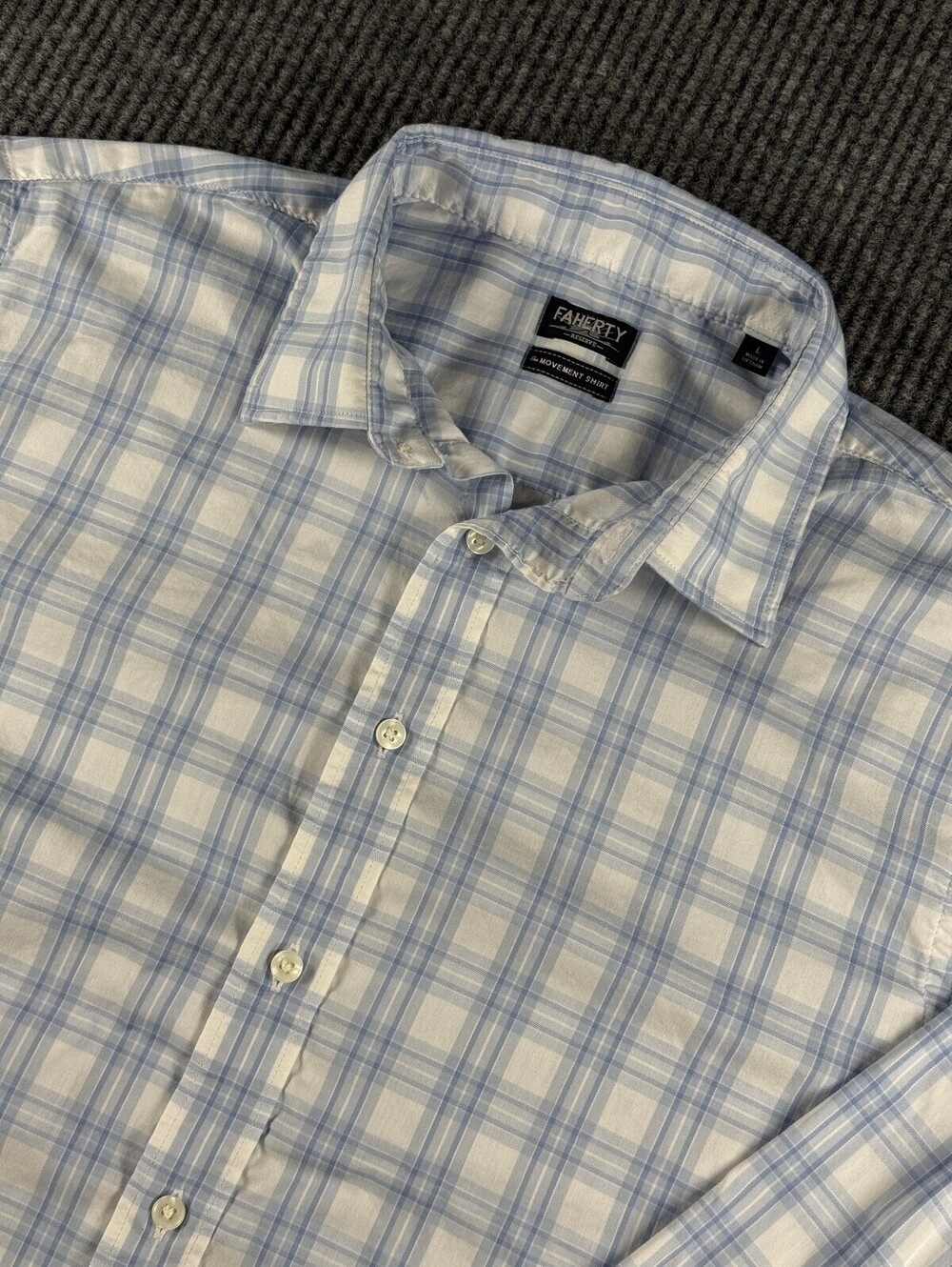 Faherty The Movement Shirt Men L Long Sleeve White Blue Plaid Supima Cotton